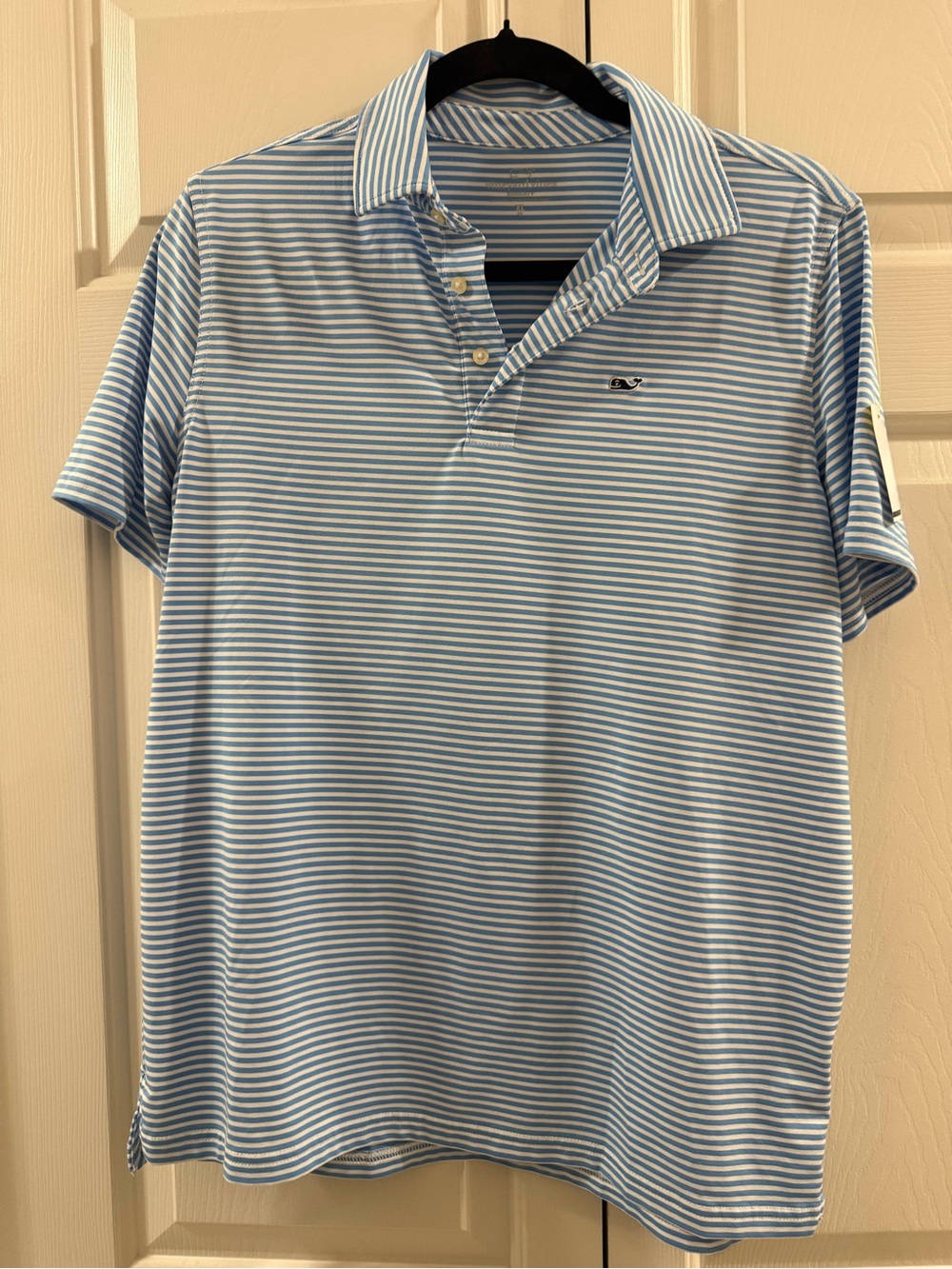 Vineyard Vines Boys Performance Polo Shirt Blue White Stripe Whale Logo XL
